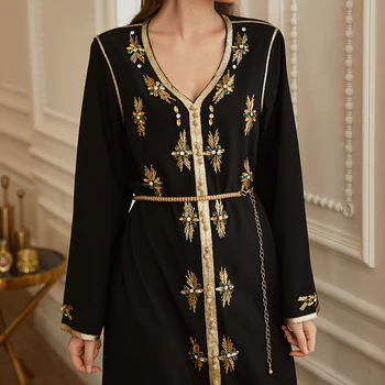 Marokkanske Kaftan Abaya Muslimske Kvinder Smukke Rhinestones Lange Ærmer V-Hals Stilfuld Kjole Part Kjole Arabiske Dubai Indie Folk-Tøj
