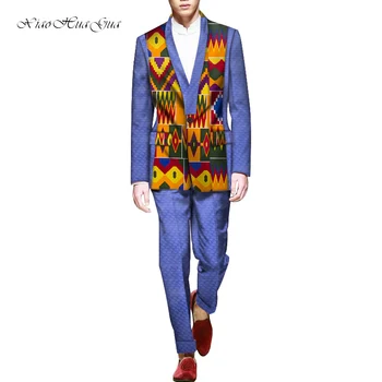 Mens Afrikanske Top Bukser Sæt 2 Stykker Tøj Sæt Afrikanske Mænd Tøj Bazin Riche Afrikanske Tøj Mænd Blazer og Bukser WYN1392