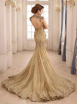 Mermaid aften kjole 2018 elegante, høj hals luksus guld pynt sequined åben ryg prom vestidos kjoler til brudens mor