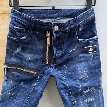 Metal Lynlås Nye DSQUARED2 Mænds Skinny Jeans Med Revet Huller Og elastisk Maling Spray Blå Syninger Tigger Bukser