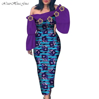 Mode Off Skulder Ankara Kjole Afrikanske Kjoler til Kvinder Afrikanske Voks Print Aften Kjole med Applikeret Afrikanske Tøj WY6887