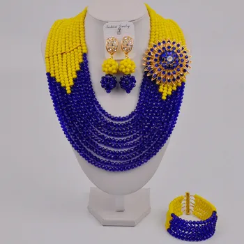 Mode Royal Blå og Gule Afrikansk Bryllup Perler Nigerianske Krystal Perle Smykker Sæt DSJ-06
