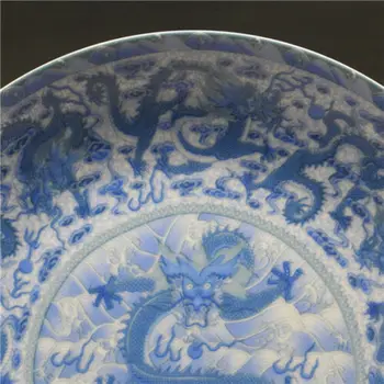 Mode Udsøgte Kinesiske Håndlavet Blå og Hvid Porcelæn Plade Malet Dragon Stue Dekoration Hjem Gave