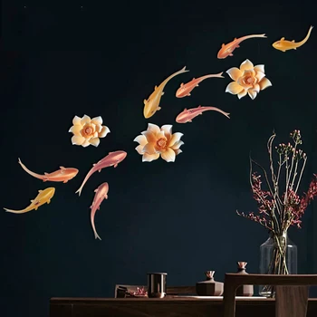 Moderne Luksus 3D Prægede Resin Blomster Fisk Dekorative Håndværk Hjem i Stuen Baggrund Veranda Vægmaleri Bryllup Dekoration Kunst