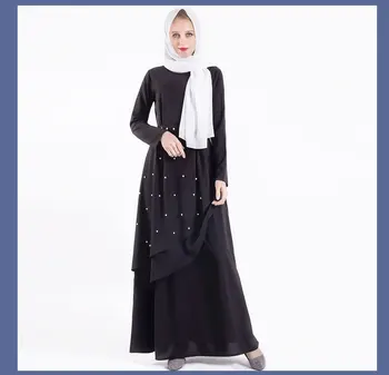 Muslimske Abaya Kjole til Kvinder Perlebesat 3 Lag Maxi Hellige Islamiske Hijab Kjoler Mulsuman Party Night Bøn Robe Jubah Robe