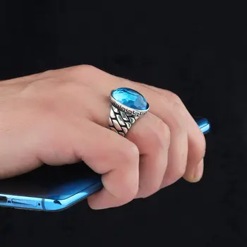 MÆND 'S Blue Topaz 925 Sterling Sølv Ring Specielle Design Håndlavet Lavet i Tyrkiet