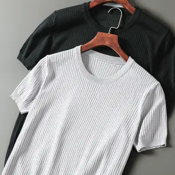 Mænd 2021 Sommeren Nye Is Silke Trøje T-shirts til Mænd Kort Ærme Casual Pullover Toppe Mandlige Solid Farve Tynd Sweater Tees W807