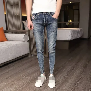 Mænd Ankel Længde Jeans Slim Fit Koreanske Hul Mikro-Elasticitet Denim Blyant Bukser Fire Sæson Multi-Lommer Blå Vintage Vasket