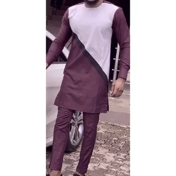 Mænd ' s Patchwork-Shirts+Mørk Lilla Solide Bukser Nigerianske Stil Bomuld Bukser Passer skræddersyet Afrikanske bryllupsfest