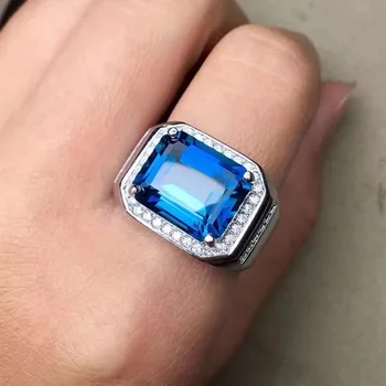 Naturlige blå topas perle Ring S925 Sølv Naturlig Gemstone stor luksuriøs Firkantet Ring Mænd Kvinder ' s party gave Ringe fine Smykker
