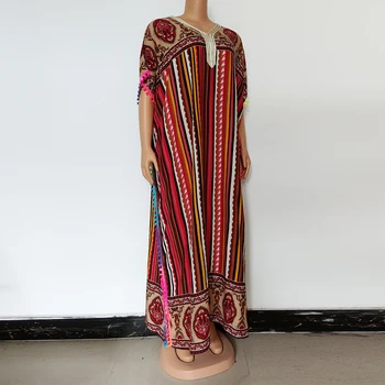 Nigerianske Kjoler For Kvinder V-hals Dashiki Femme Print Stribe Maxi Kjole Lang Robe Muslimske Mode Kvast Sommer Aften Kjoler