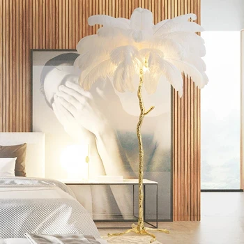 Nordisk Luksus strudsefjer Gulv Lampe Belysning Harpiksen i Messing Guld Moderne Stående Lampe til stuen Villa Tripot Home Decor