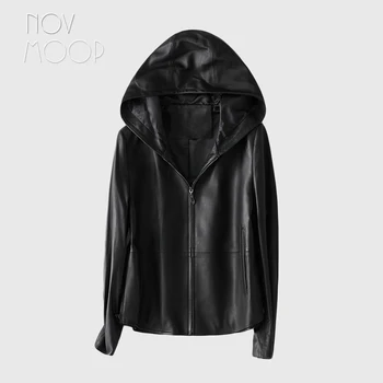 Novmoop ægte læder foråret efteråret hætteklædte jakke unisex enkel, pæn stil daglige let at bære Veste de cuir LT3507