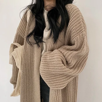 Ny Japansk Retro Løs Ydre Slid Lang Sweater Kvinder Frakke Dovne Stil Lanterne Ærme Strikket Cardigan Kvinder Efteråret Og Vinteren