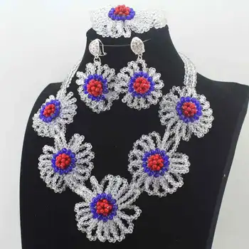 Ny Mode Royal Blå/Rød Afrikansk Bryllup Halskæde Sæt Asoebi Afrikanske Brude-Perler Hvid Blomst Smykker Gratis Fragt W13641