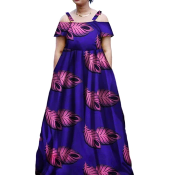 Nye Afrikanske Bazin Riche Kjoler til Afrikanske Kvinde Tøj Voks Print Sexet Slash Hals, Lang Kjole Dashiki Tøj