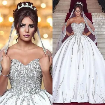 Nye Funklende Krystaller Bryllup Kjoler 2021 Kæreste Rhinestones Satin Beaded Brude Kjoler Vintage Arabisk Skræddersyet Mariage