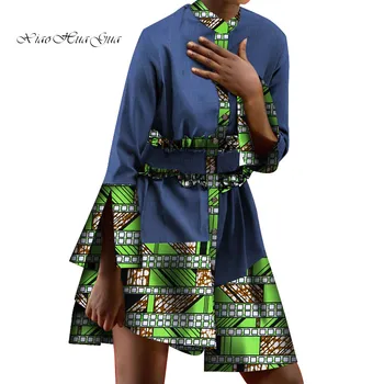 Nye Kvinder Afrikanske Kjole Robe Africaine Knæet-Længde Ankara Kjole Bazin Riche Afrikanske Voks Print Bomuld A-line Kjoler WY6840