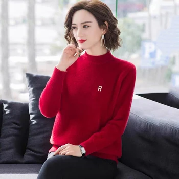 Nye Kvinder Mink Velvet Sweater Efterår Og Vinter 2021 Casual Mode Halvdelen Høj Krave Tyk Grundlæggende Strikket Pullover Løs Sweater Toppe