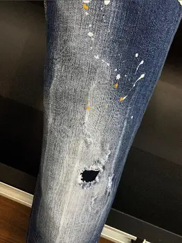 Nye Mænd-Tynde Jeans Med Revet Huller Og elastisk Maling Spray Blå Syninger Tigger Bukser 9805