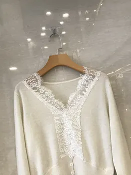 Nye damer mode 2021 lange ærmer sexet casual uld blonder syning sweater 1228
