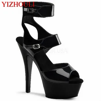 Nye stil, sorte sko med spænde stiletter, 15cm sexet model landingsbanen sko, pole dancing sko