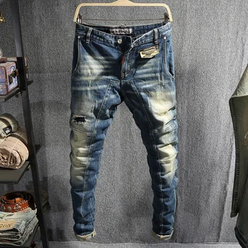 Nyligt Fashion Streetwear Mænd Jeans Slim Fit Elastisk Ripped Jeans Mænd Retro Blå Hip Hop Bukser Splejset Designer Biker Jeans Til Mænd
