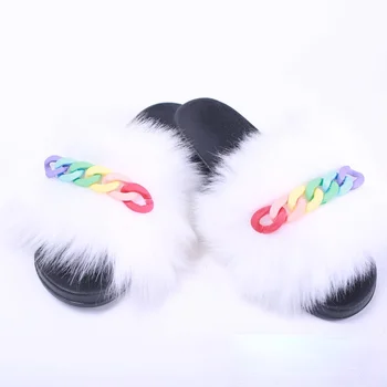 Nyt er en Ny Mode Bløde Sandaler Rainbow Satin Fox Fur Tøfler Kvinders Udendørs brug PVC-Kæde Furry Dias Komfort Kvinde Sko