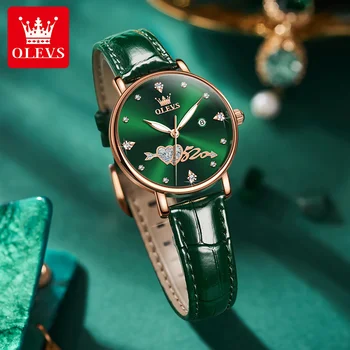 OLEVS Nye Casual Kvinder Smaragd grøn Kvarts armbåndsur Læder Mode, Design, Elegante Damer Ur Enkel Kjole Montre Femme