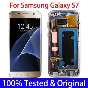Original Samsung Galaxy S7 G930 G930F SM-G930F LCD-Frame Skærm Touch screen Samling Reservedele 5.1