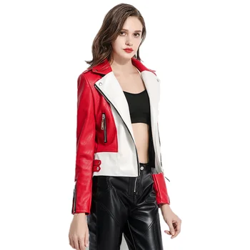 PU læder jakke til kvinder 2021 forår og efterår mode farve matchende lynlås motorcykel kort slank imiteret læder jakke frakker
