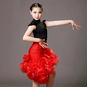 Pailletter latin-pige, sort og rød børn dans kostumer passer til+nederdel sæt til performance kids samba kostumer salsa kjole frynser