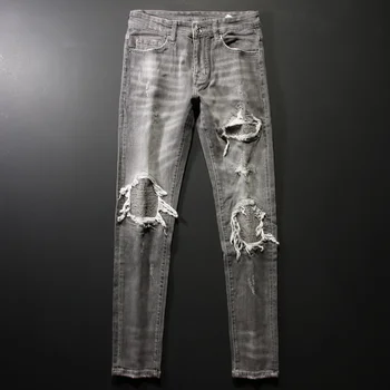 Patches Designer Hip Hop Denim Punk Bukser Amerikanske Streetwear Mode Mænd Jeans Retro Grå Elastisk Slim Fit Ripped Jeans Til Mænd