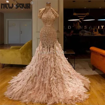 Perlebesat Skinnende Fjer Aften Kjoler Skræddersyet 2019 Saudi-Arabisk Robe De Soiree Sofa Prom Dress Crystal Islamiske Parti Kjole