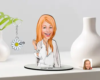 Personlig Kvinder 'S Model Karikatur AF 3D-Træ-nipsting Og Er Sølv Daisy Anahtarlık-2