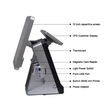 Point of Sales Factory salg af POS-system til forhandlere Indbygget 80mm printeren VFD Kommercielle POS maskine 15 tommer touch skærm