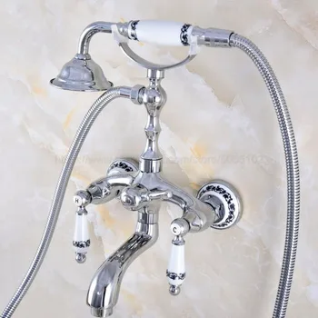 Poleret Krom Sølv Badeværelse Badekar Faucet vægmonteret blandingsbatteri W/ Telefon Style håndbruser Sprøjte ztf848