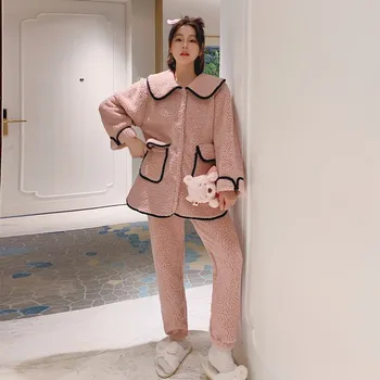 Pyjamas Kvinder koreanske Version af Søde Lam Uld Enkel, Ren Farve Revers Plys Nightshirt Lange Ærmer Bukser Hjem Casual Wear