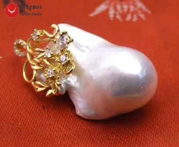 Qingmos Naturlige Perle Vedhæng Halskæde til Kvinder & 20*35mm Barok Hvid Nukleare Perle Halskæde Kvinder Chokers 17