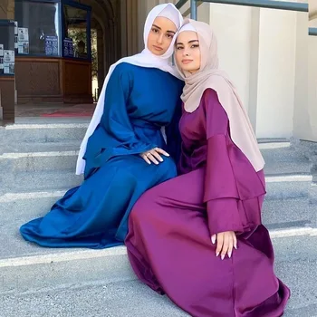 Ramadanen, Eid Mubarak Mode Satin Kjole Dubai Abaya Damer Sommer Lange Trompet Ærmer Turban Muslimske Islamiske Tyrkisk Tøj