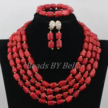Seneste Nye Røde Koral Perler Smykke Sæt Nigerianske Bryllup Kvinder Kostume Afrikanske Perler Brude Smykker Sæt, Gratis Forsendelse ABF783