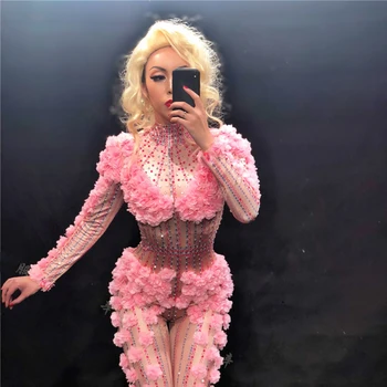 Sexet Dj Pink Blomst Bodysuit Kostume Aften Krystaller Buksedragt Fejre Fest Slid Sanger sceneoptræden gogo kostumer 2 ord