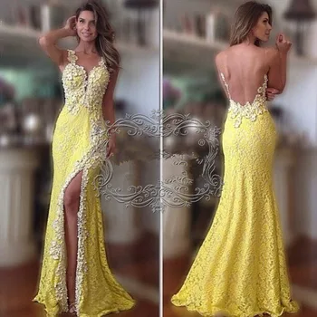 Sexet ryg-Custom Made gul Blonder, perler Vestido Festa De Curto Kvinder Part prom kjoler gratis fragt mor til bruden kjoler