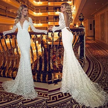 Sexy Deep V Hals med Lange Ærmer Havfrue Formelle Vintage Blonder Backless brudekjolen 2018 vestido casamento kjoler til brudens mor