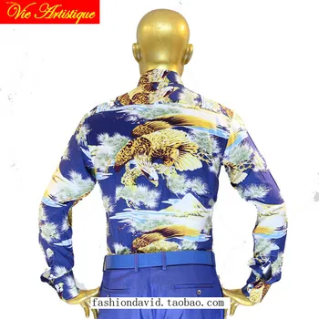 Skræddersyet beklædning, gjorde Mænds bomuld skræddersyede blomstrede skjorter business formel bryllup ware bluse blå eagle tree blomst mode david