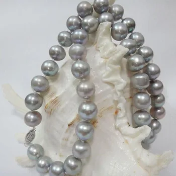 Smukke 11-12mm ferskvand runde sølv grå perle halskæde 18inch 925silver