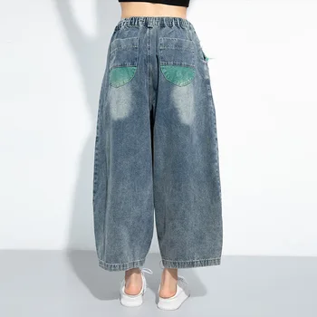 Sommer-Efterår Kvinder Tøj Elastisk Høj Talje Denim Bukser Personlighed Patchwork Hip Hop Streetwear Jeans Loose Bred Ben Bukser
