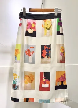 Sommeren Høje 2021SS Kvalitet Kvinder, Flower Prints Silke A-Line Nederdel For Kvindelige Gdnz 5.16