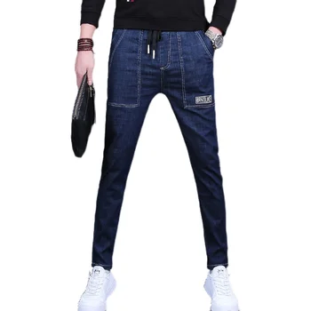 Sommeren Nye Mænd Jeans Mode Splejset Blå Denim Slim Fit Bukser Snor