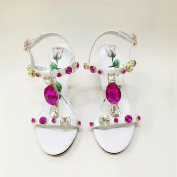 Sommeren sexet dame mode kvinders sandaler hvide Blomster trykt crystal strappy høje hæle sko